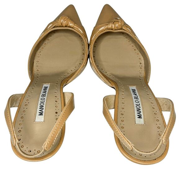 Manolo Blahnik Lazine Slingback Pumps EU 36.5 Tan Leather Knotted Pointed Heels - Picture 7 of 11